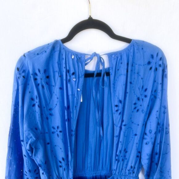 NWT H&M Blue Embroidered Eyelet Lace Long Puff Sleeve Open Back Midi Dress - Picture 9 of 14